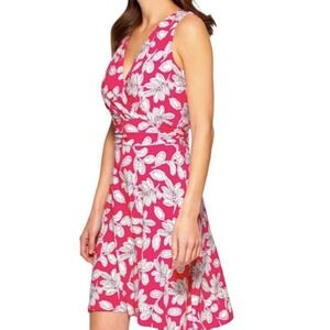 Tommy Hilfiger Pink White Floral Leaf Faux Wrap Sleeveless V-Neck Dress Size 8